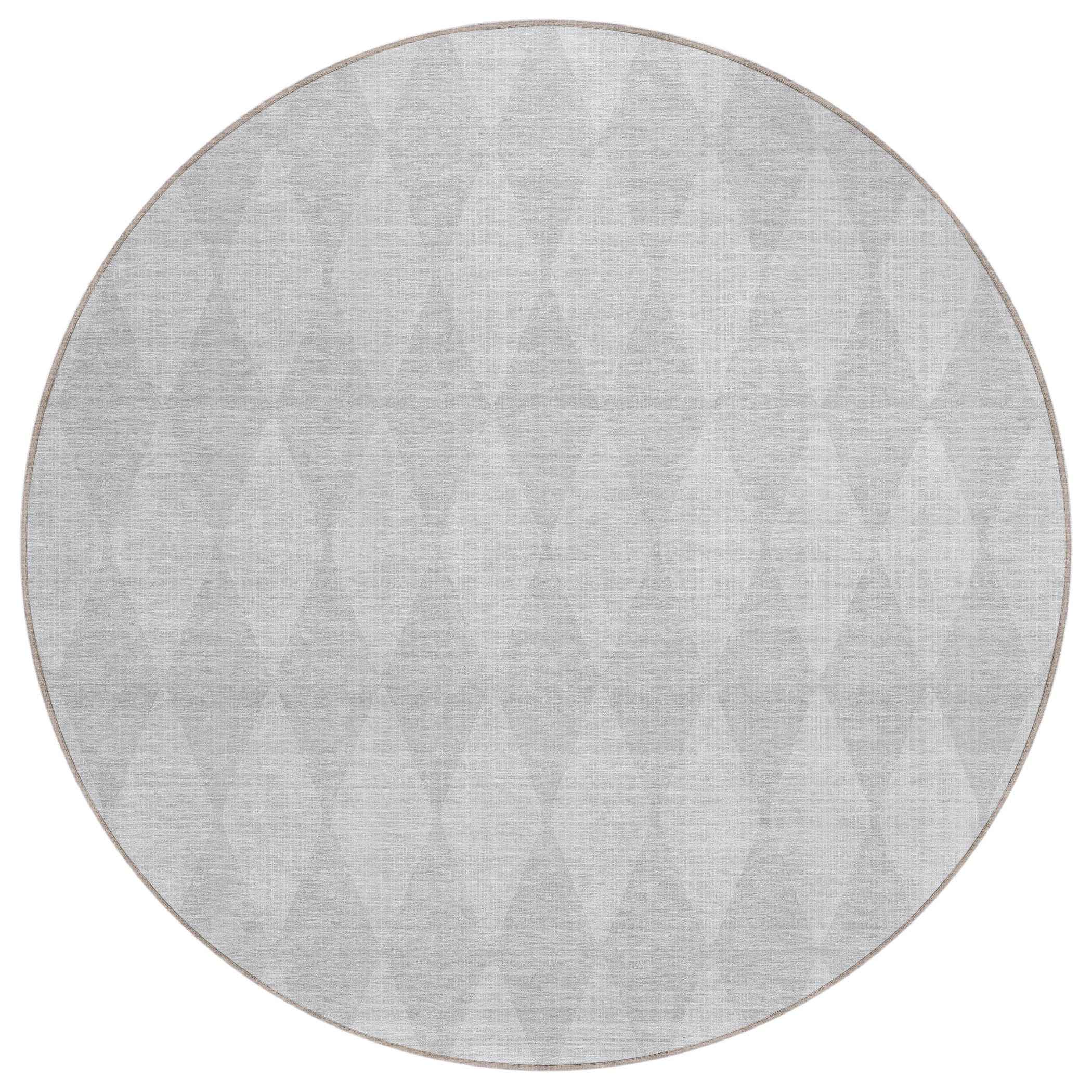 8' Pewter And Silver Round Geometric Washable Indoor Outdoor Area Rug