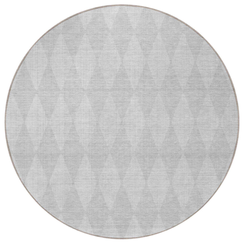 8' Pewter And Silver Round Geometric Washable Indoor Outdoor Area Rug