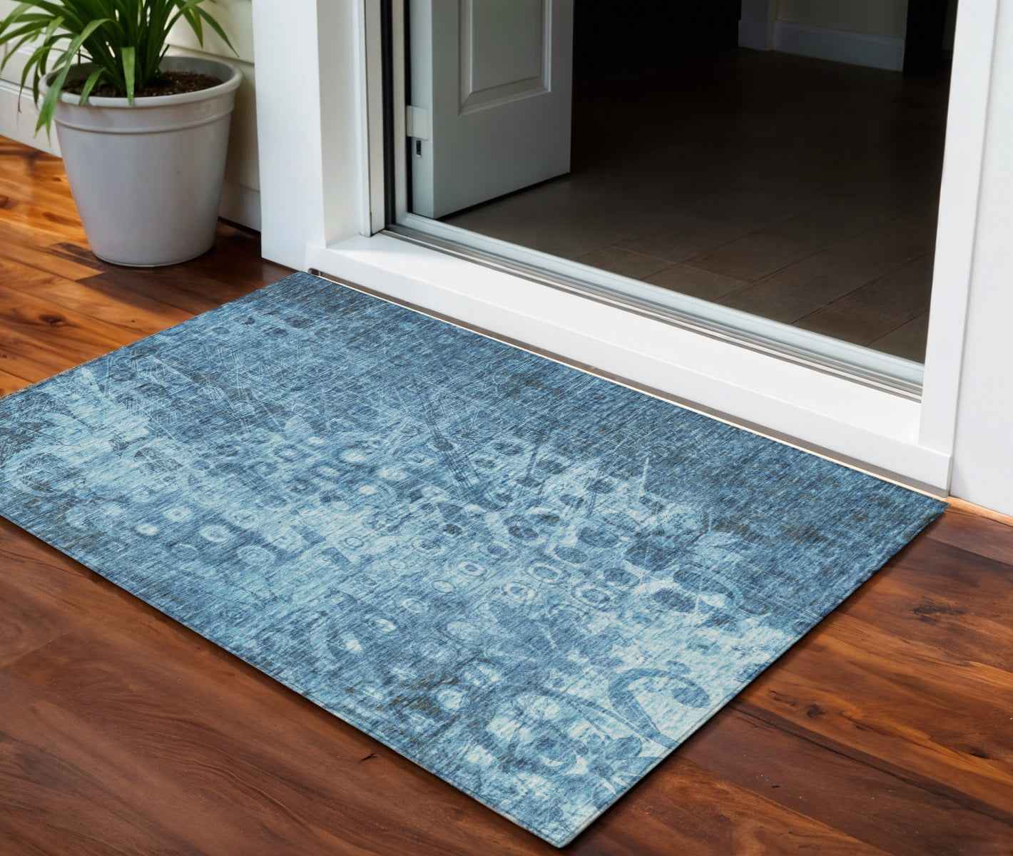 3' X 5' Blue Ikat Washable Indoor Outdoor Area Rug