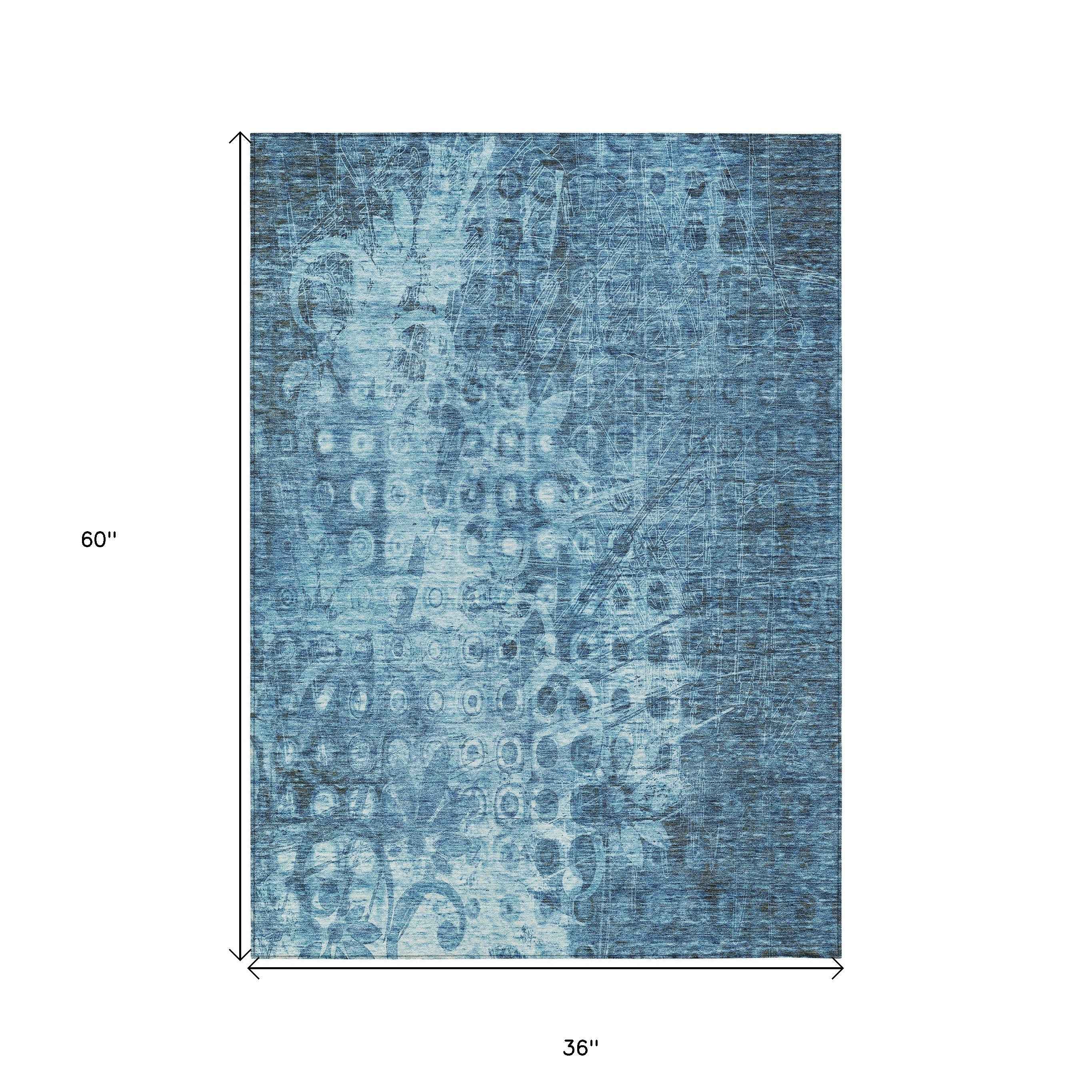 3' X 5' Blue Ikat Washable Indoor Outdoor Area Rug