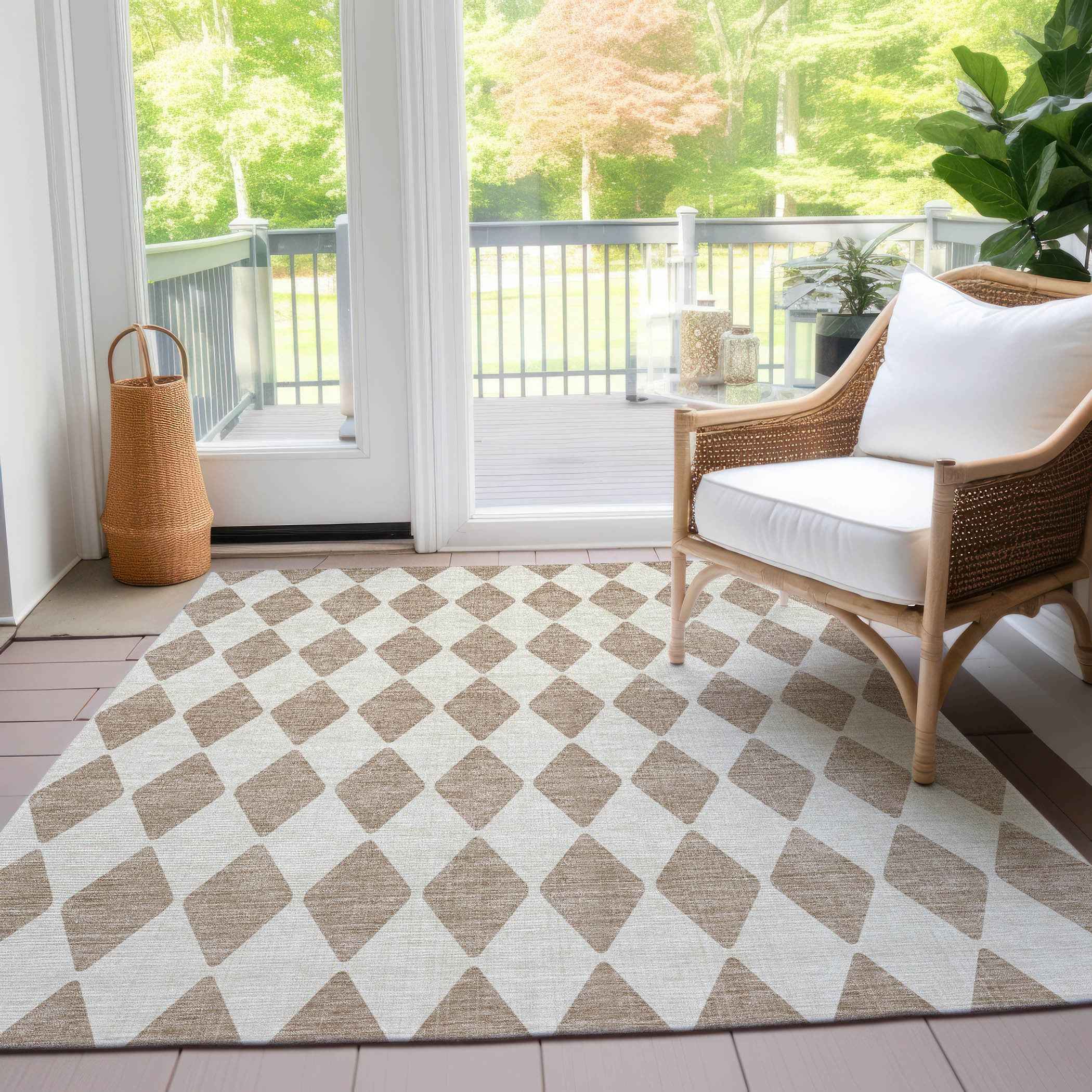 3' X 5' Taupe And Ivory Geometric Washable Indoor Outdoor Area Rug