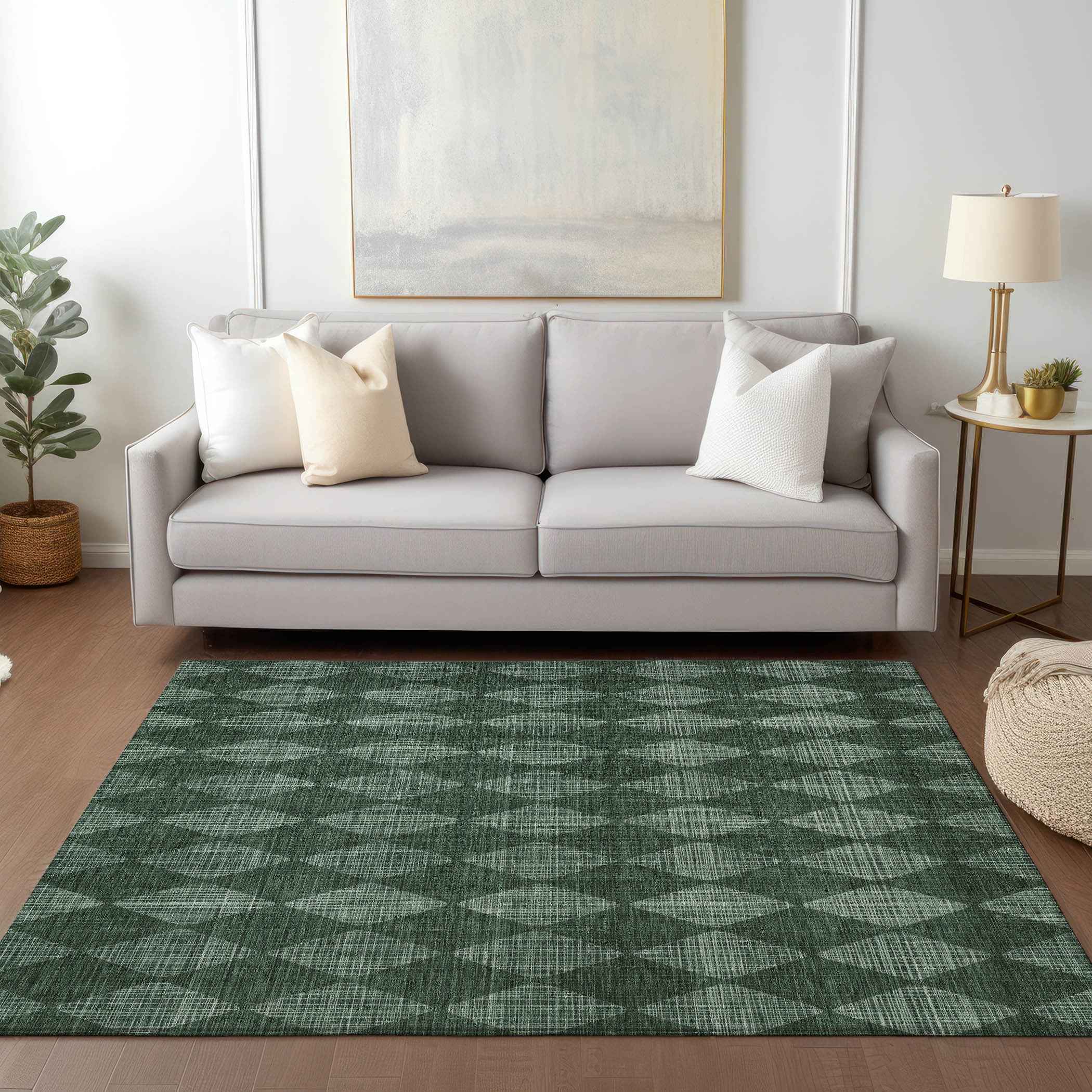 5' X 8' Olive Green And Charcoal Geometric Washable Indoor Outdoor Area Rug