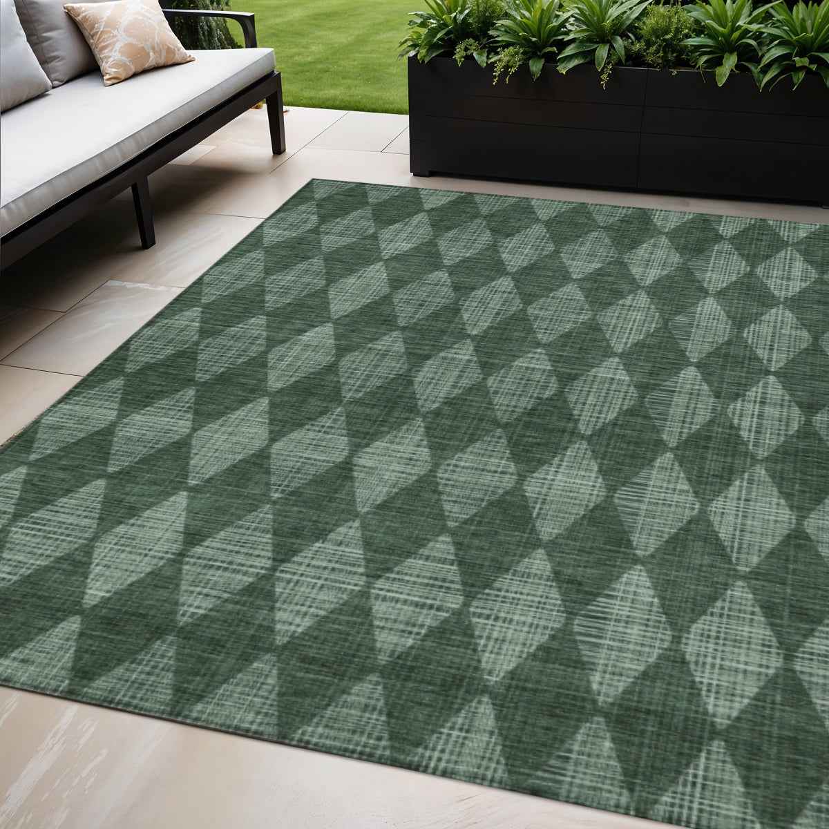 5' X 8' Olive Green And Charcoal Geometric Washable Indoor Outdoor Area Rug