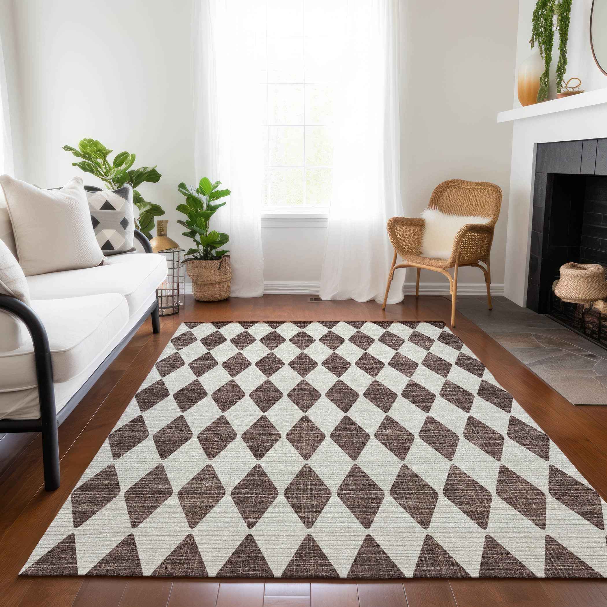 9' X 12' Brown Geometric Washable Indoor Outdoor Area Rug