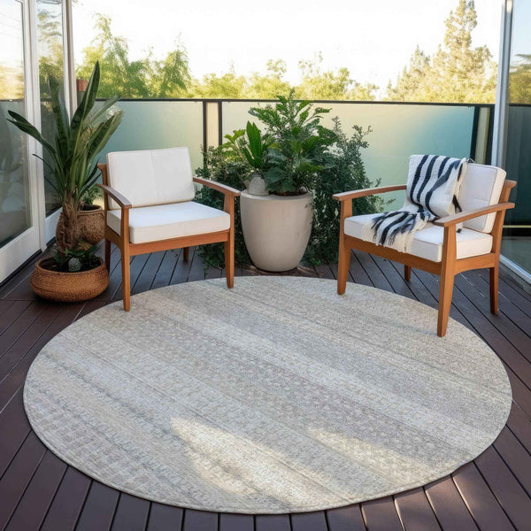 8' Ivory Round Striped Washable Indoor Outdoor Area Rug