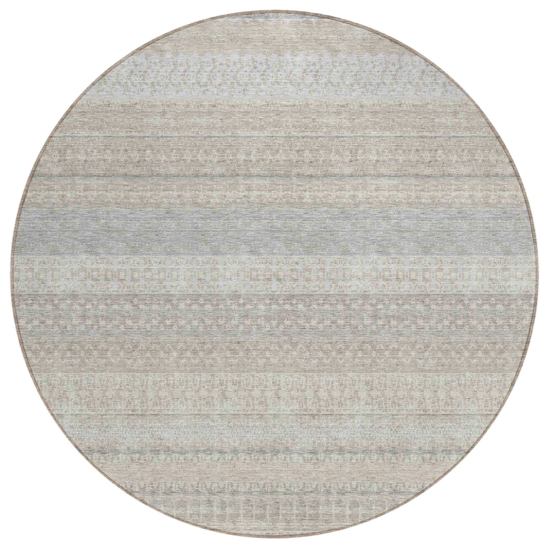 8' Ivory Round Striped Washable Indoor Outdoor Area Rug