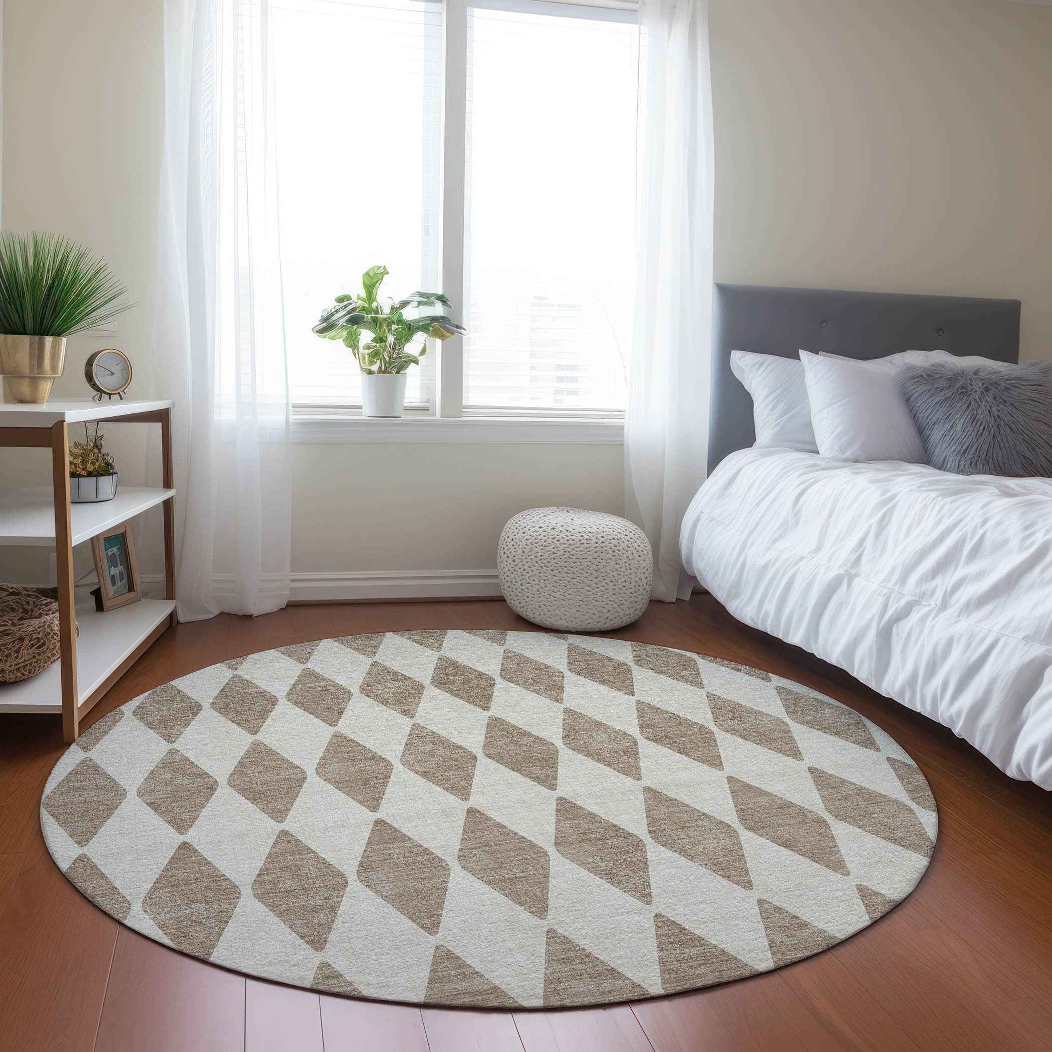 8' Taupe And Ivory Round Geometric Washable Indoor Outdoor Area Rug