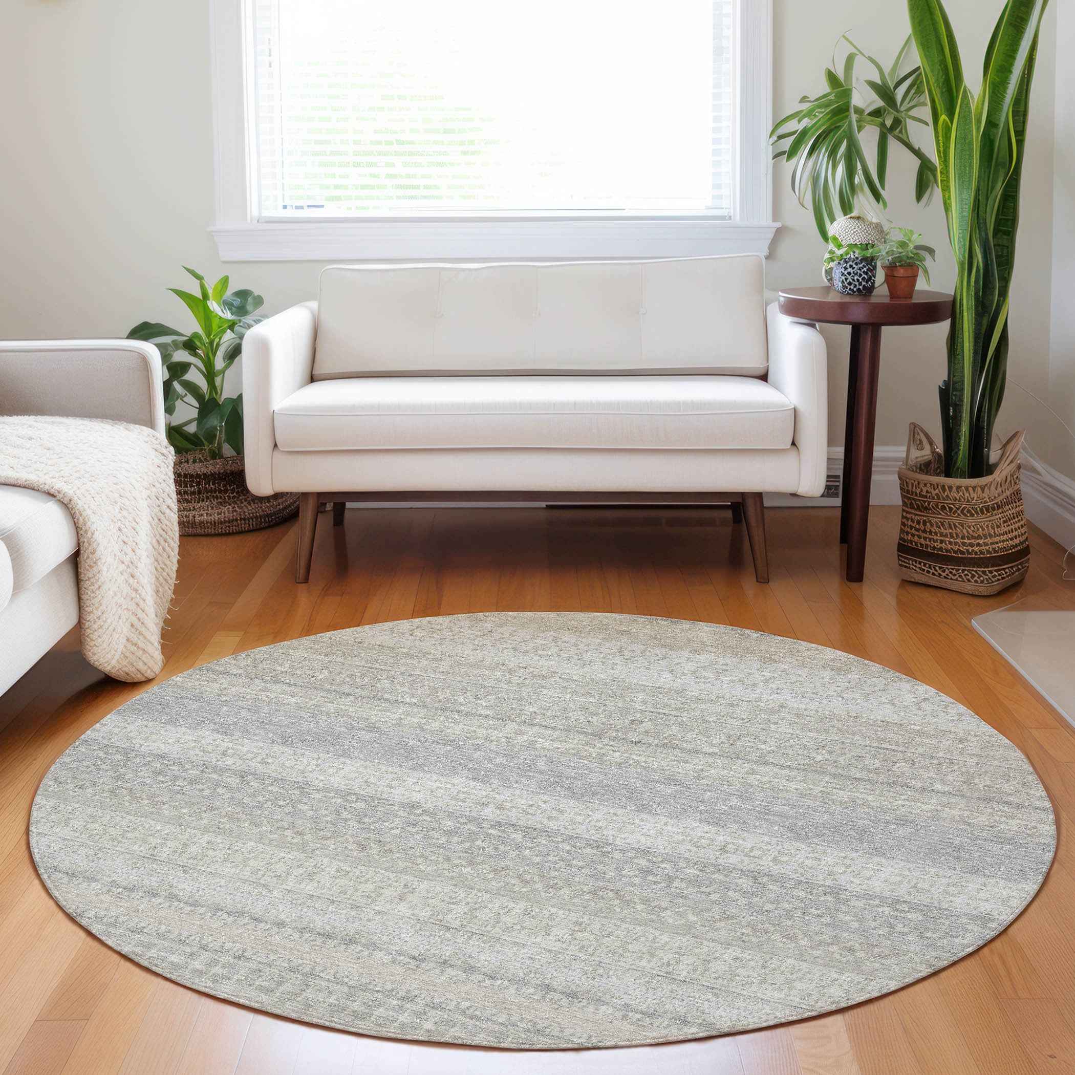 8' Ivory Round Striped Washable Indoor Outdoor Area Rug