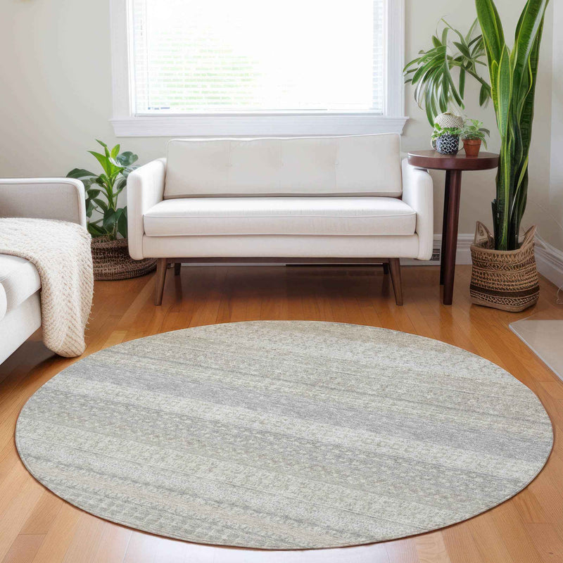 8' Ivory Round Striped Washable Indoor Outdoor Area Rug