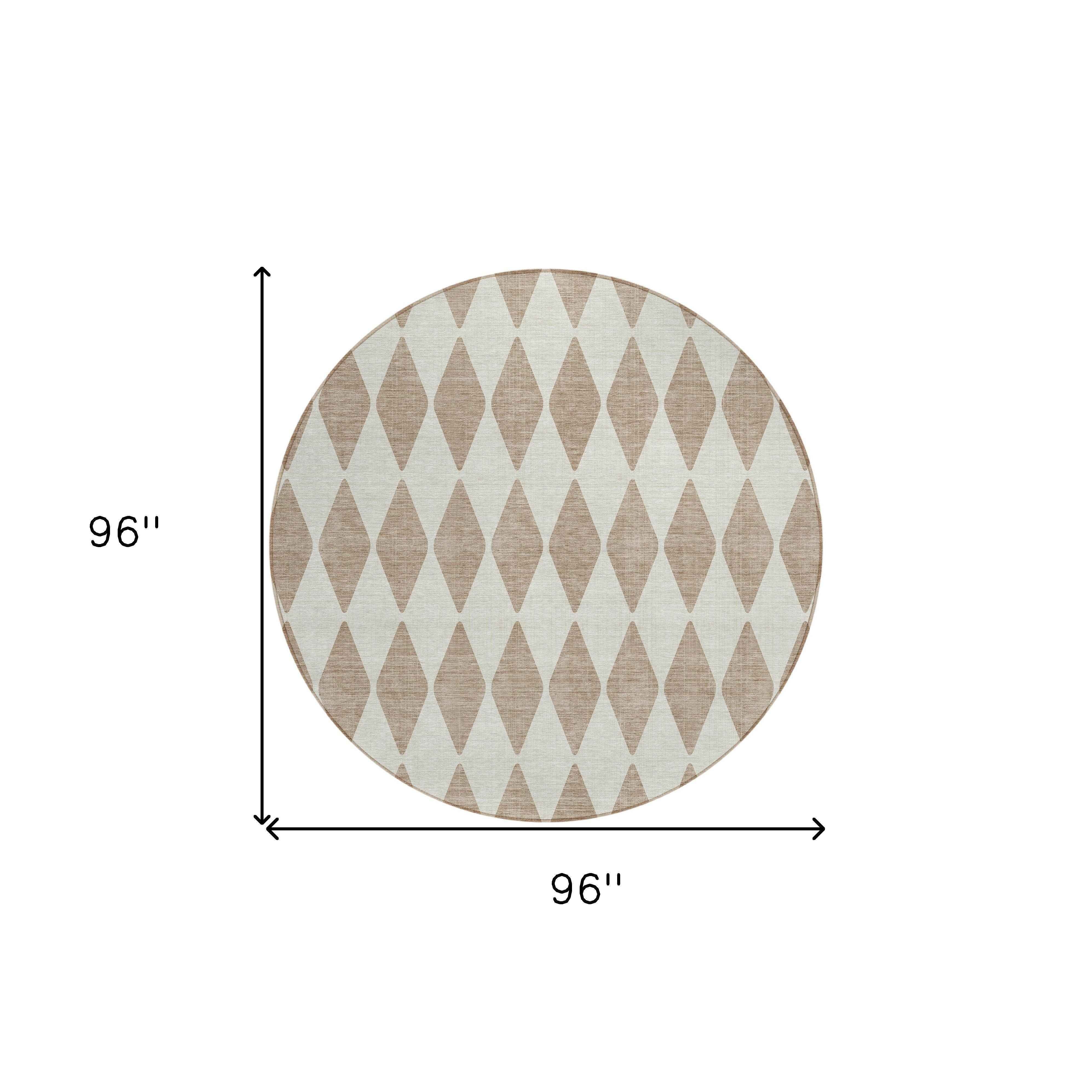 8' Taupe And Ivory Round Geometric Washable Indoor Outdoor Area Rug