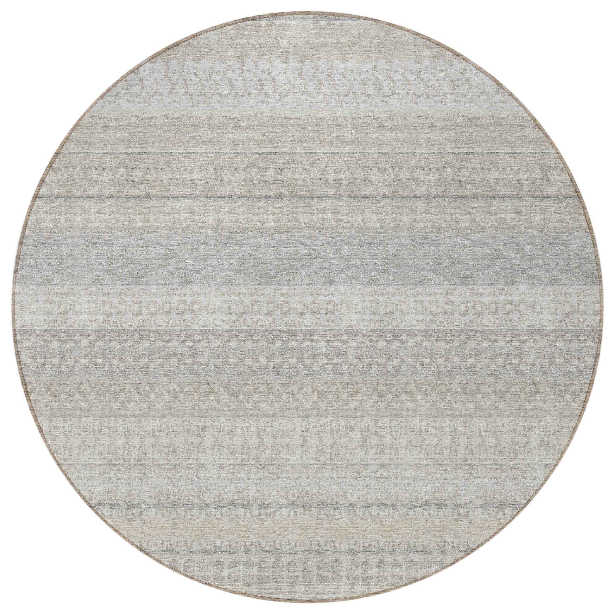 8' Ivory Round Striped Washable Indoor Outdoor Area Rug