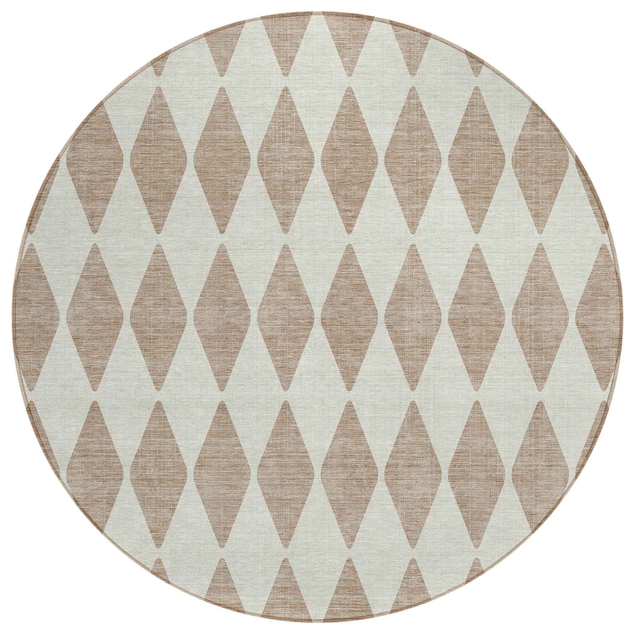 8' Taupe And Ivory Round Geometric Washable Indoor Outdoor Area Rug