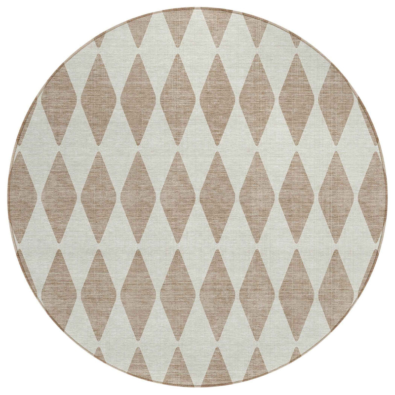 8' Taupe And Ivory Round Geometric Washable Indoor Outdoor Area Rug