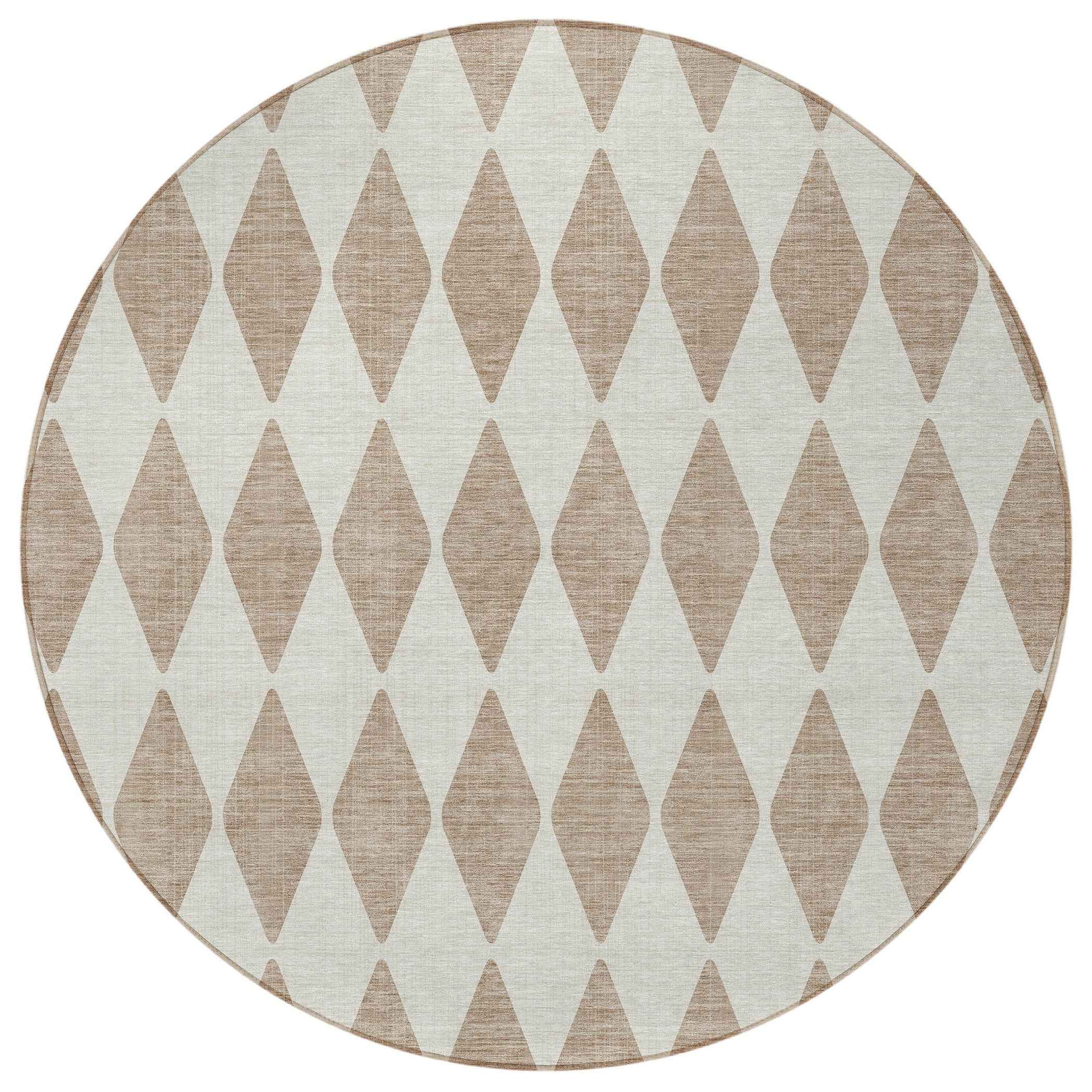 8' Taupe And Ivory Round Geometric Washable Indoor Outdoor Area Rug