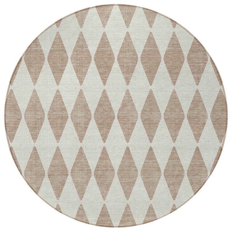 8' Taupe And Ivory Round Geometric Washable Indoor Outdoor Area Rug