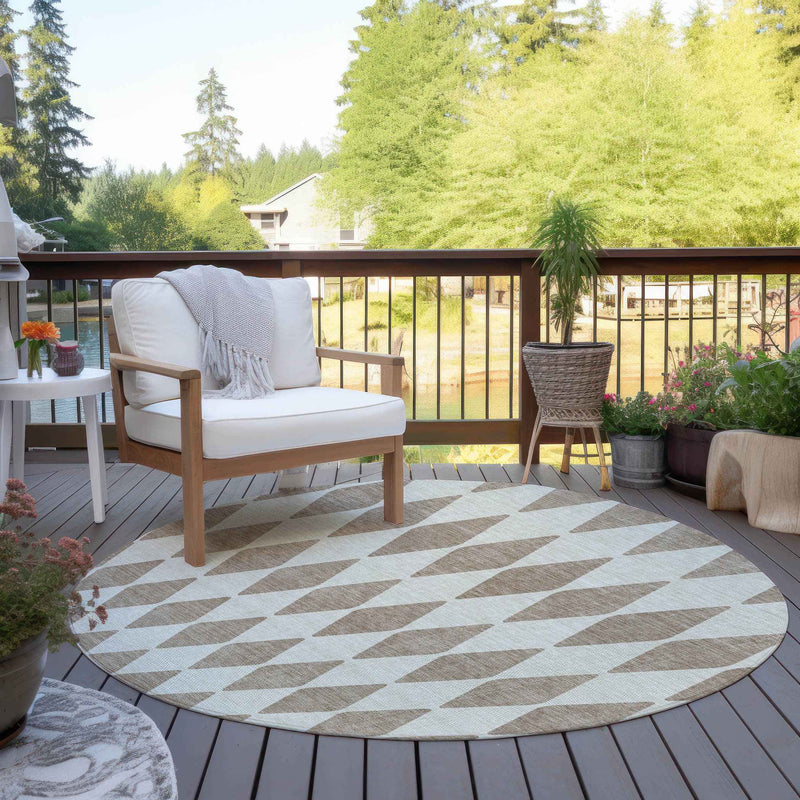 8' Taupe And Ivory Round Geometric Washable Indoor Outdoor Area Rug