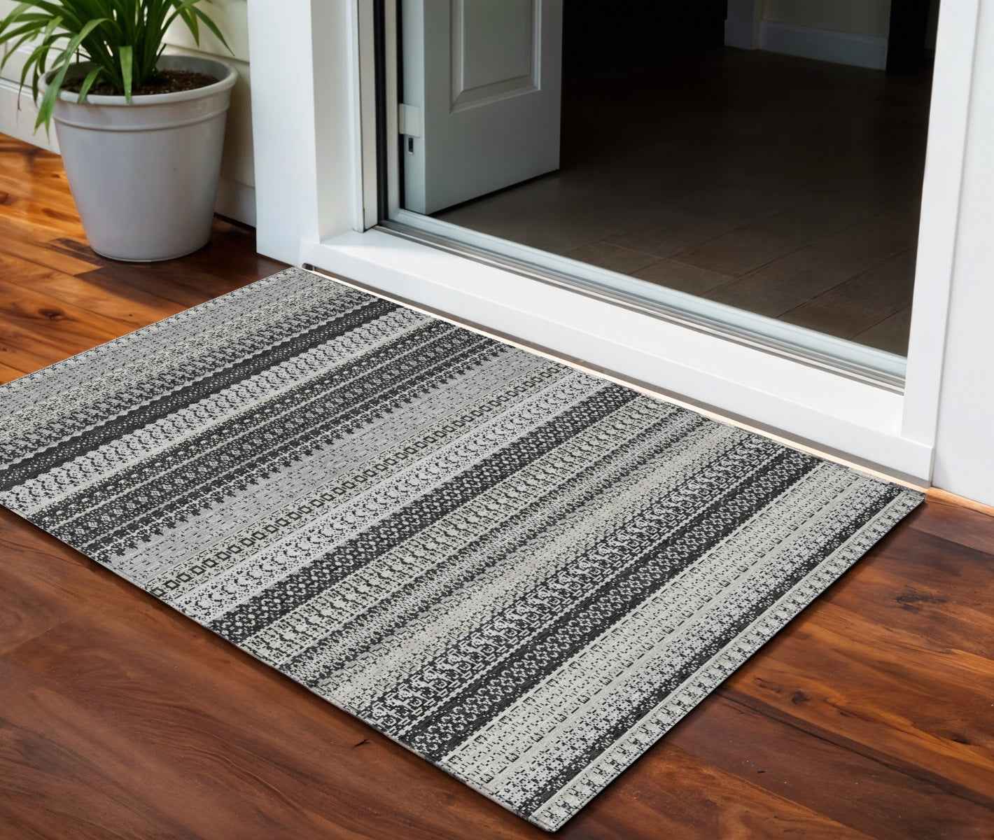 3' X 5' Black Striped Washable Indoor Outdoor Area Rug