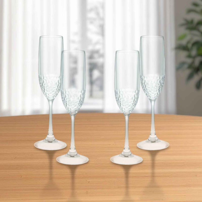 Set of Four Clear Dimpled Tritan Plastic Stemmed Flutes