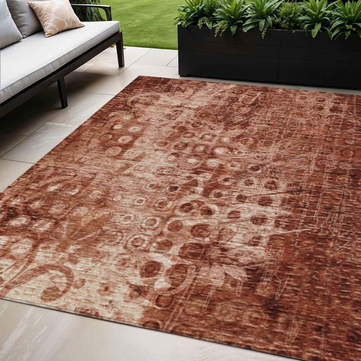 5' X 8' Orange Ikat Washable Indoor Outdoor Area Rug
