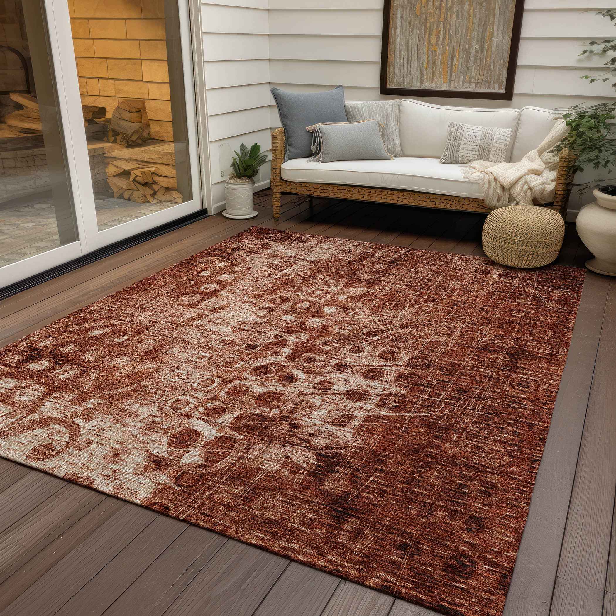 5' X 8' Orange Ikat Washable Indoor Outdoor Area Rug
