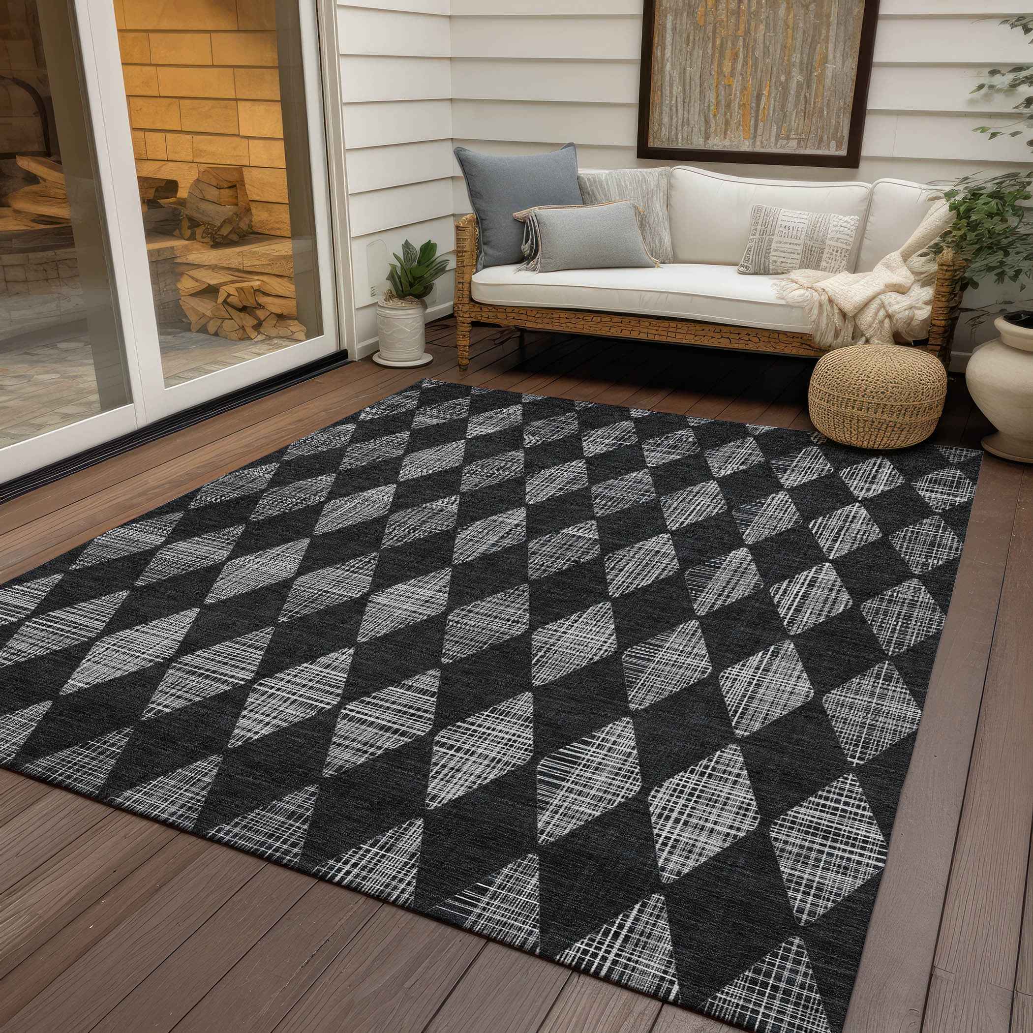 10' X 14' Charcoal Geometric Washable Indoor Outdoor Area Rug