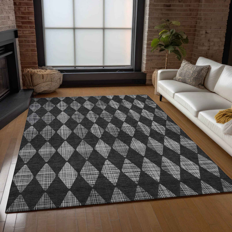 10' X 14' Charcoal Geometric Washable Indoor Outdoor Area Rug