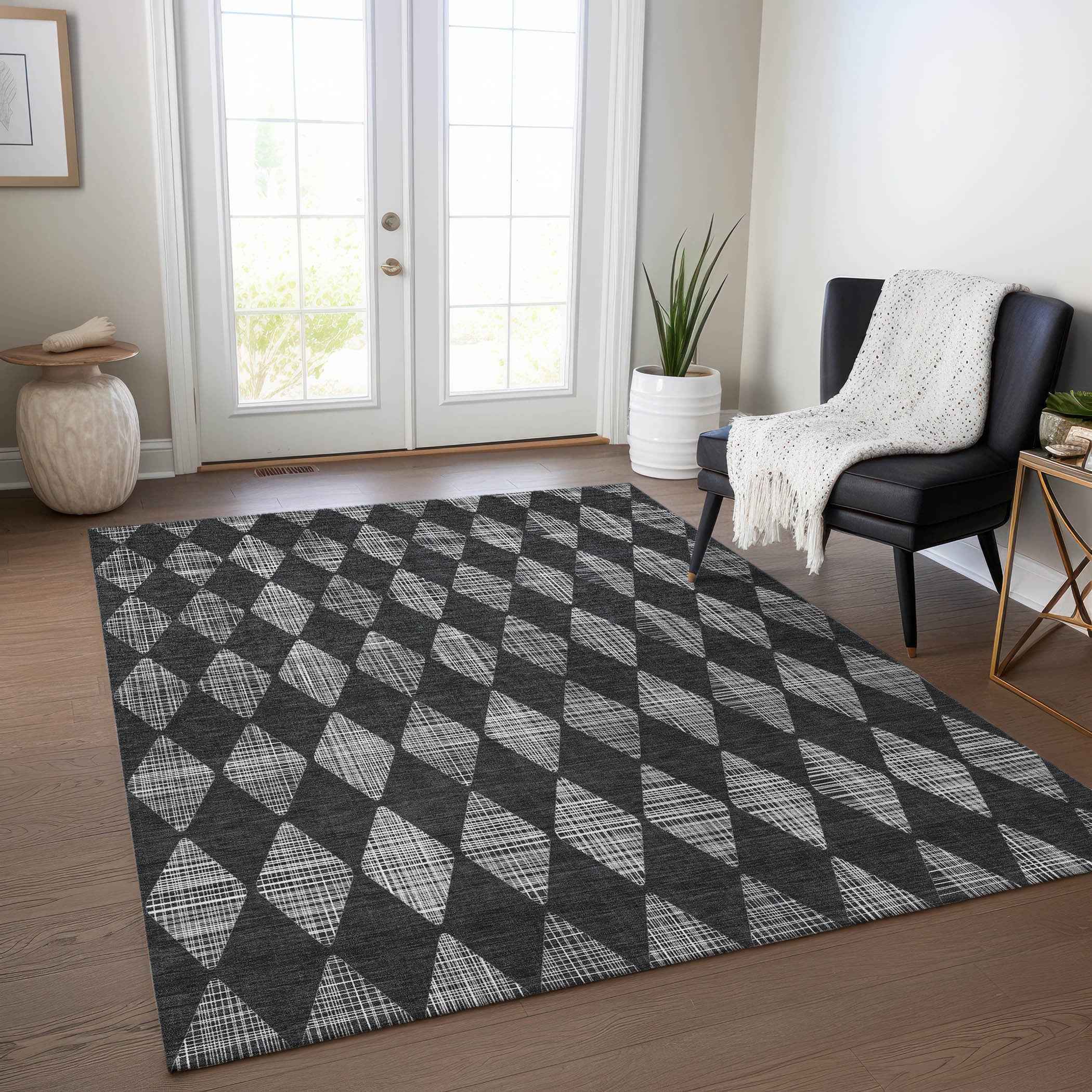 10' X 14' Charcoal Geometric Washable Indoor Outdoor Area Rug