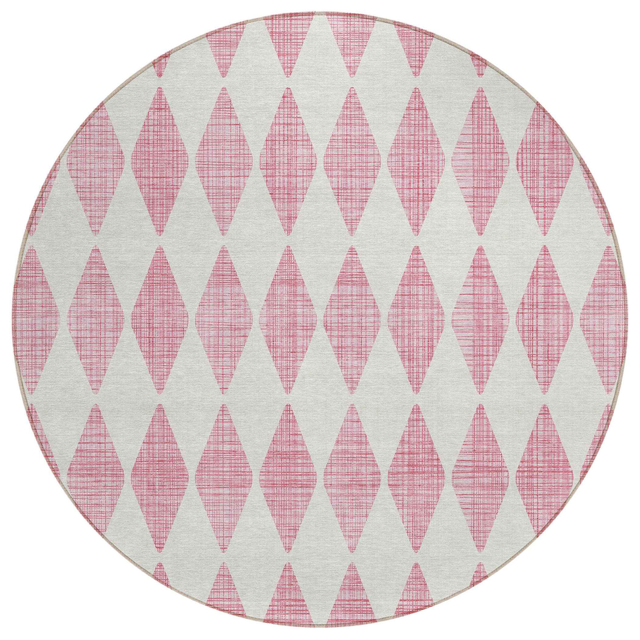 8' Pink And Ivory Round Geometric Washable Indoor Outdoor Area Rug