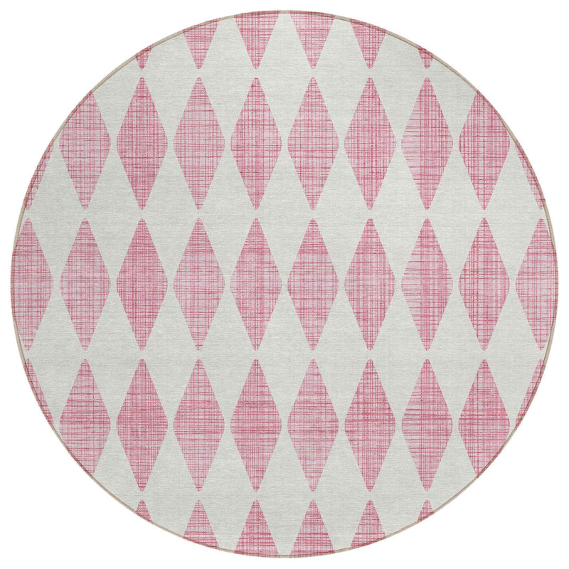 8' Pink And Ivory Round Geometric Washable Indoor Outdoor Area Rug