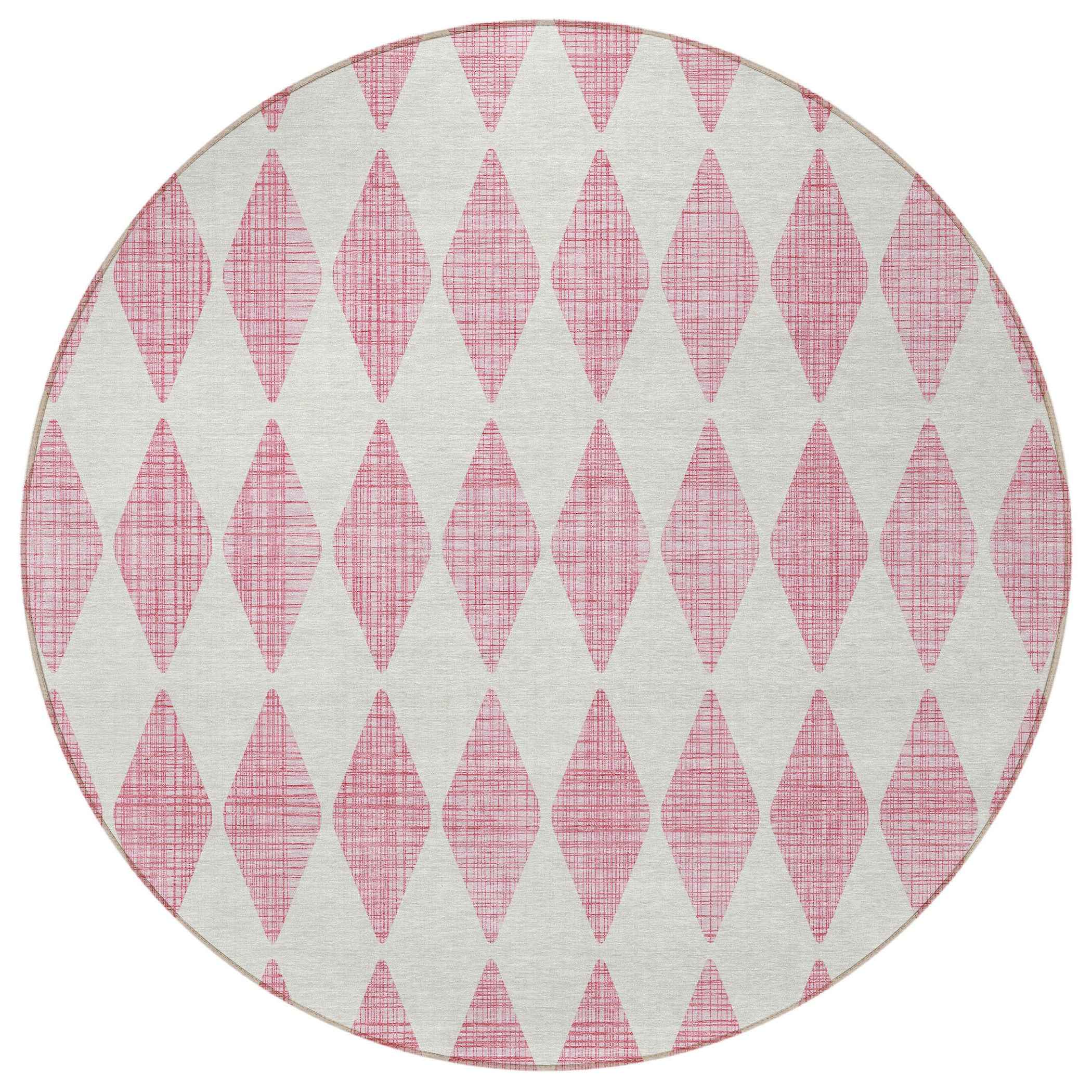 8' Pink And Ivory Round Geometric Washable Indoor Outdoor Area Rug