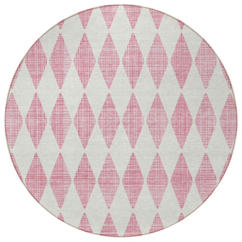 8' Pink And Ivory Round Geometric Washable Indoor Outdoor Area Rug
