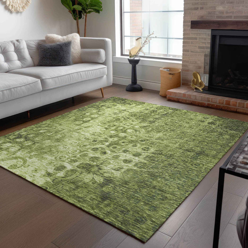 10' X 14' Olive Green Ikat Washable Indoor Outdoor Area Rug