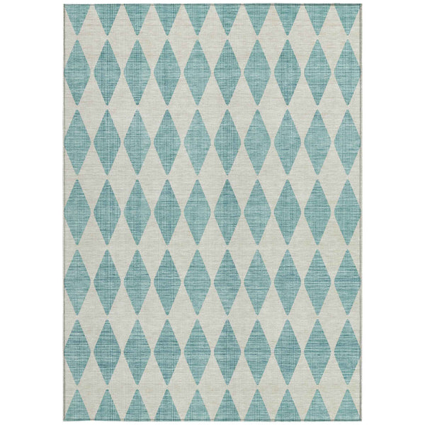 5' X 8' Teal Blue And Ivory Geometric Washable Indoor Outdoor Area Rug