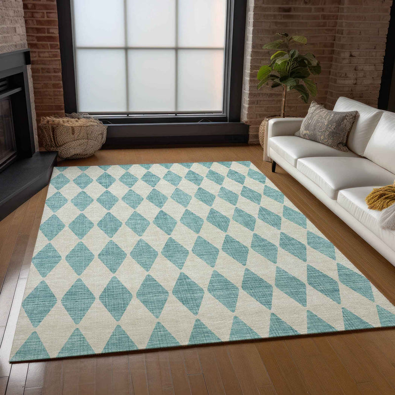 5' X 8' Teal Blue And Ivory Geometric Washable Indoor Outdoor Area Rug