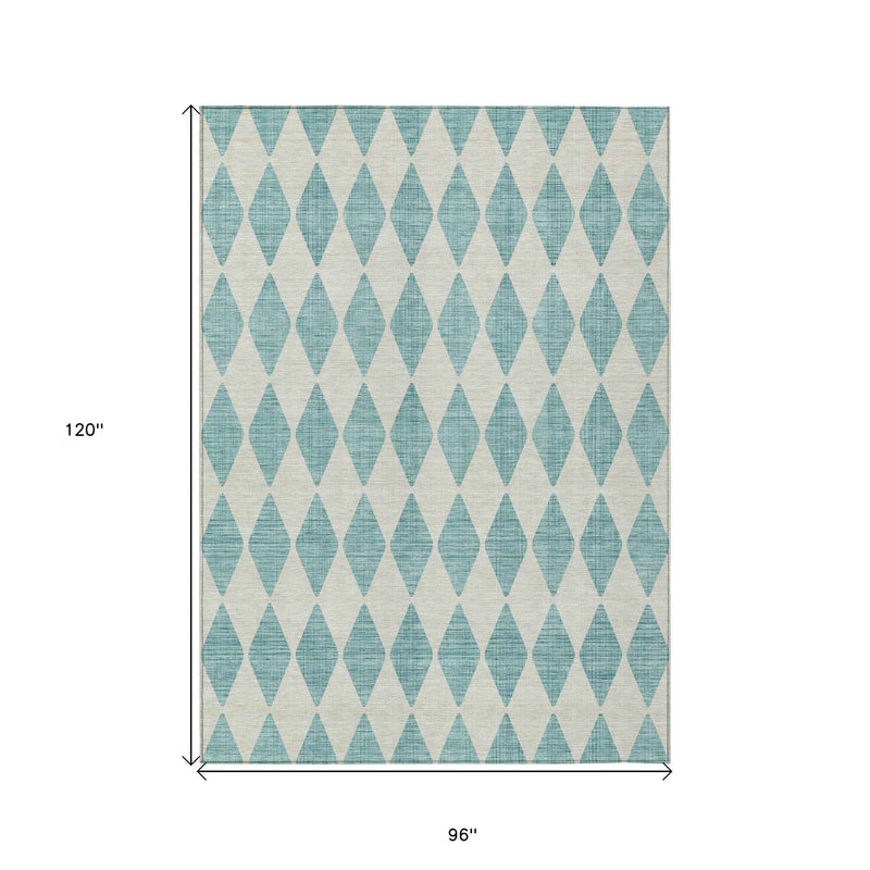 8' X 10' Teal Blue And Ivory Geometric Washable Indoor Outdoor Area Rug
