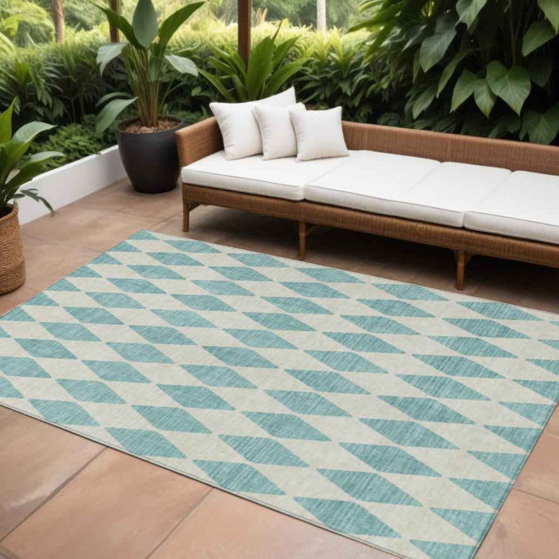 8' X 10' Teal Blue And Ivory Geometric Washable Indoor Outdoor Area Rug