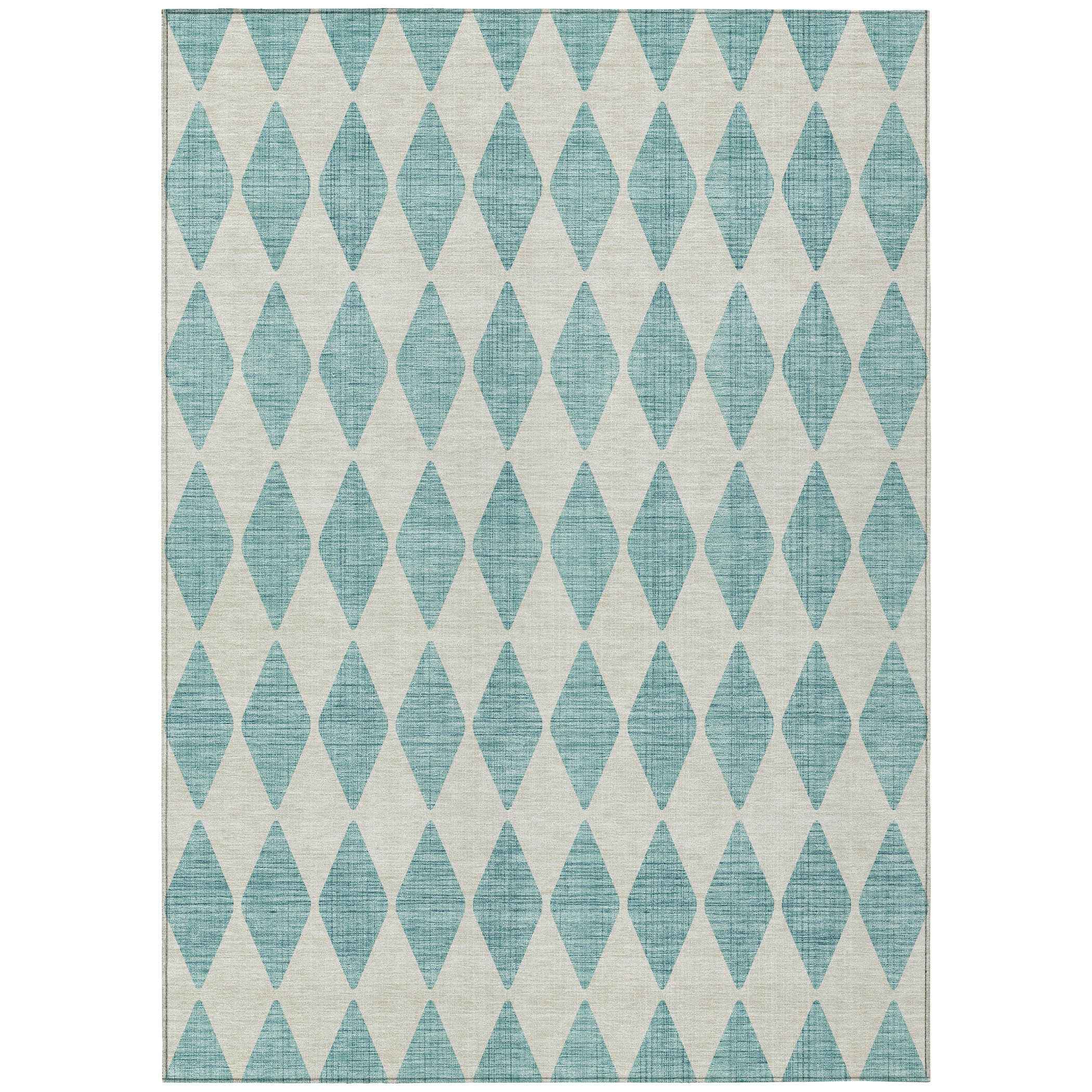 8' X 10' Teal Blue And Ivory Geometric Washable Indoor Outdoor Area Rug
