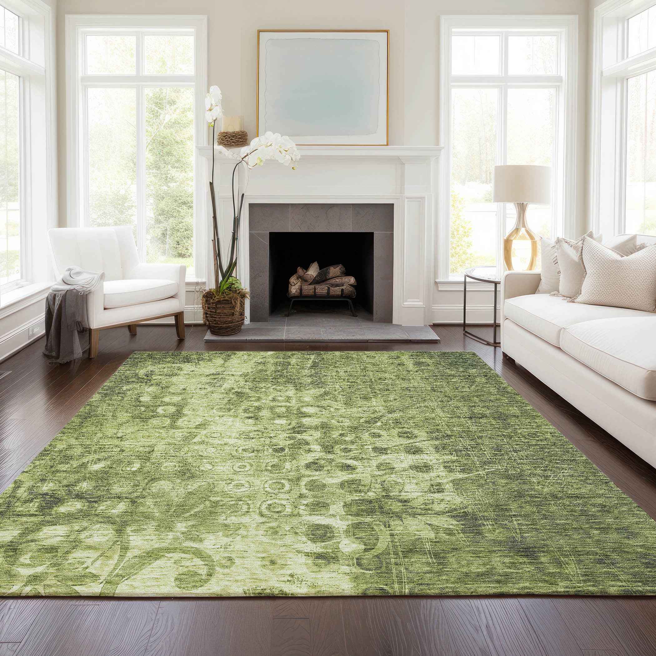 5' X 8' Olive Green Ikat Washable Indoor Outdoor Area Rug
