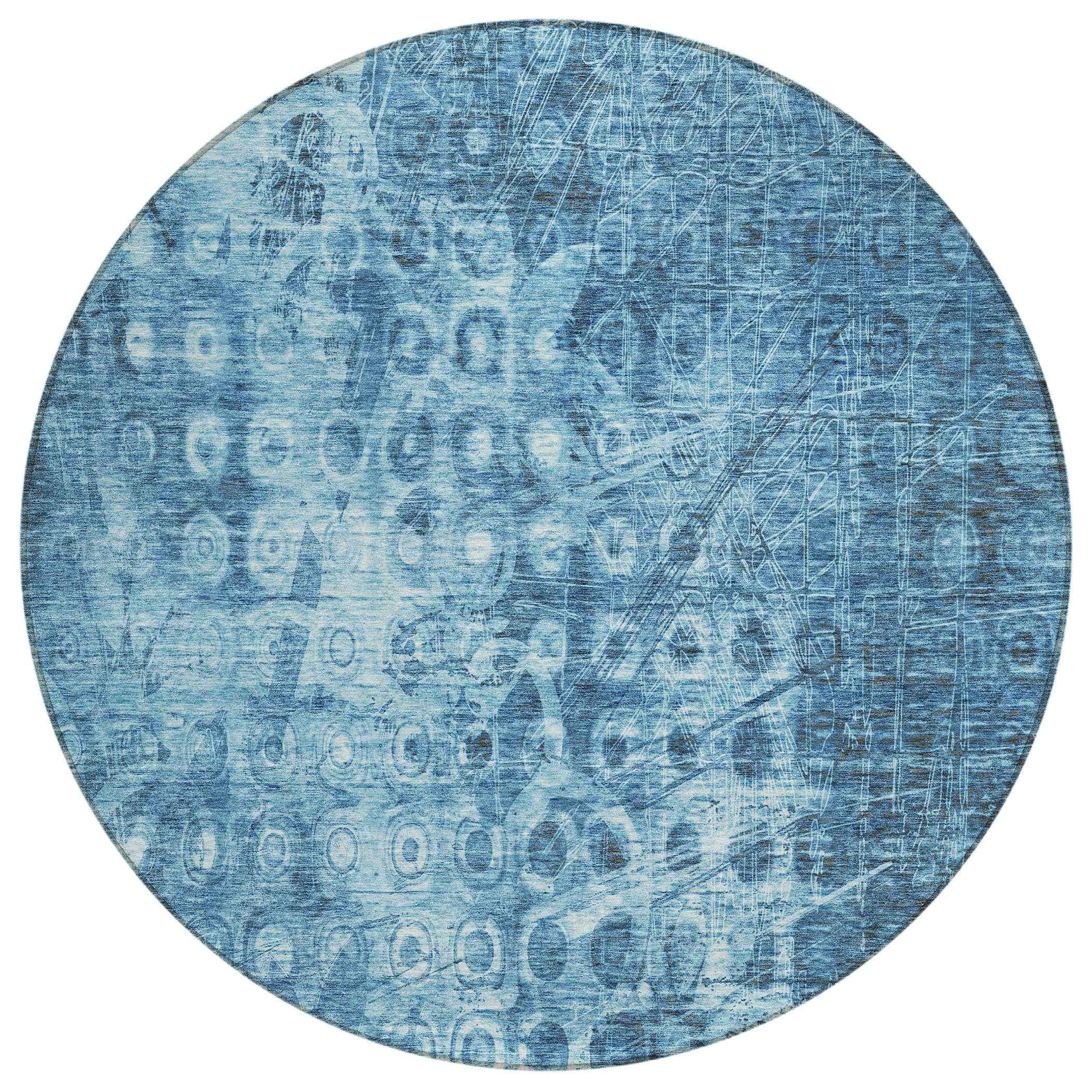 8' Blue Round Ikat Washable Indoor Outdoor Area Rug