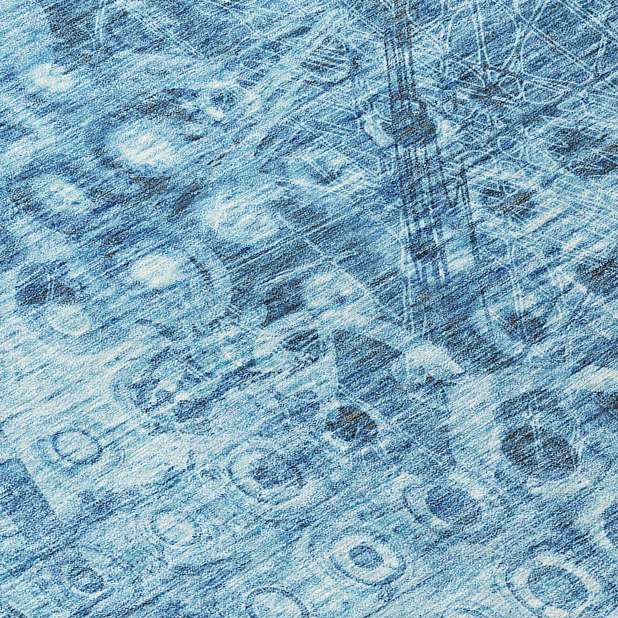 8' Blue Round Ikat Washable Indoor Outdoor Area Rug