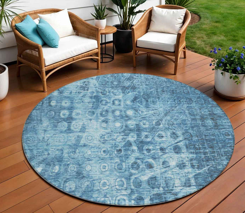8' Blue Round Ikat Washable Indoor Outdoor Area Rug