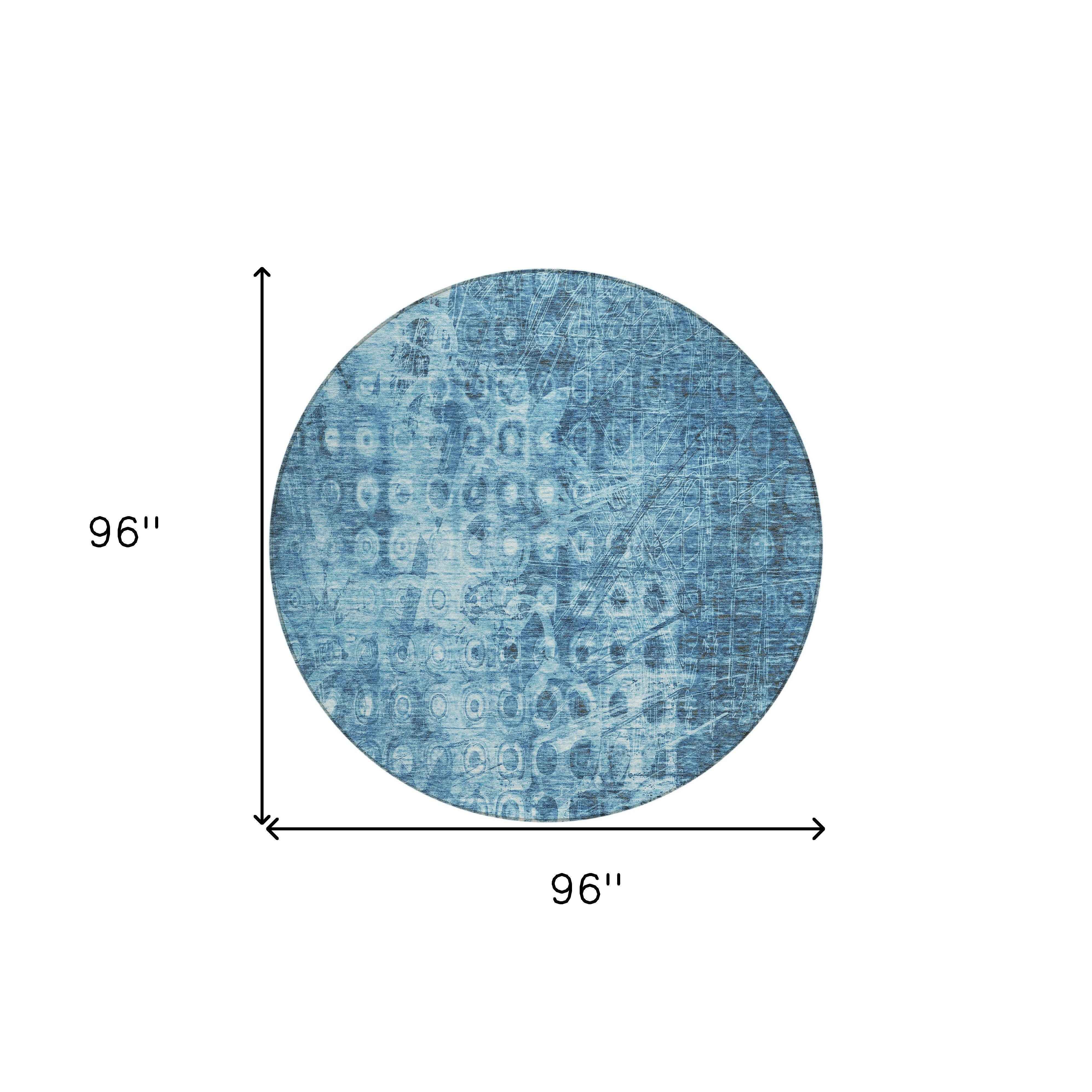 8' Blue Round Ikat Washable Indoor Outdoor Area Rug