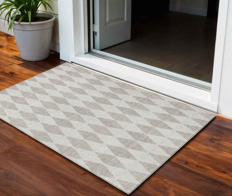3' X 5' Beige Geometric Washable Indoor Outdoor Area Rug