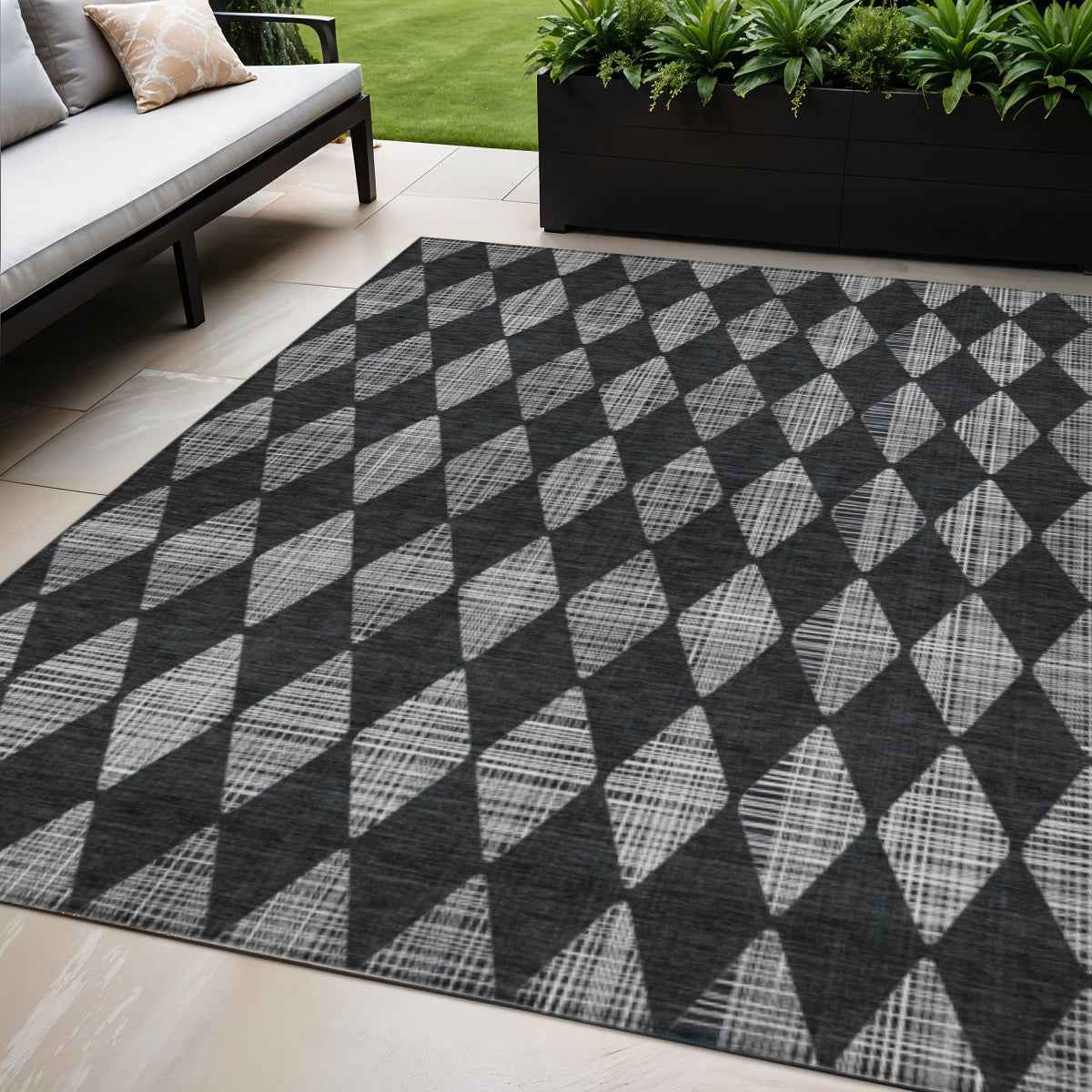 5' X 8' Charcoal Geometric Washable Indoor Outdoor Area Rug
