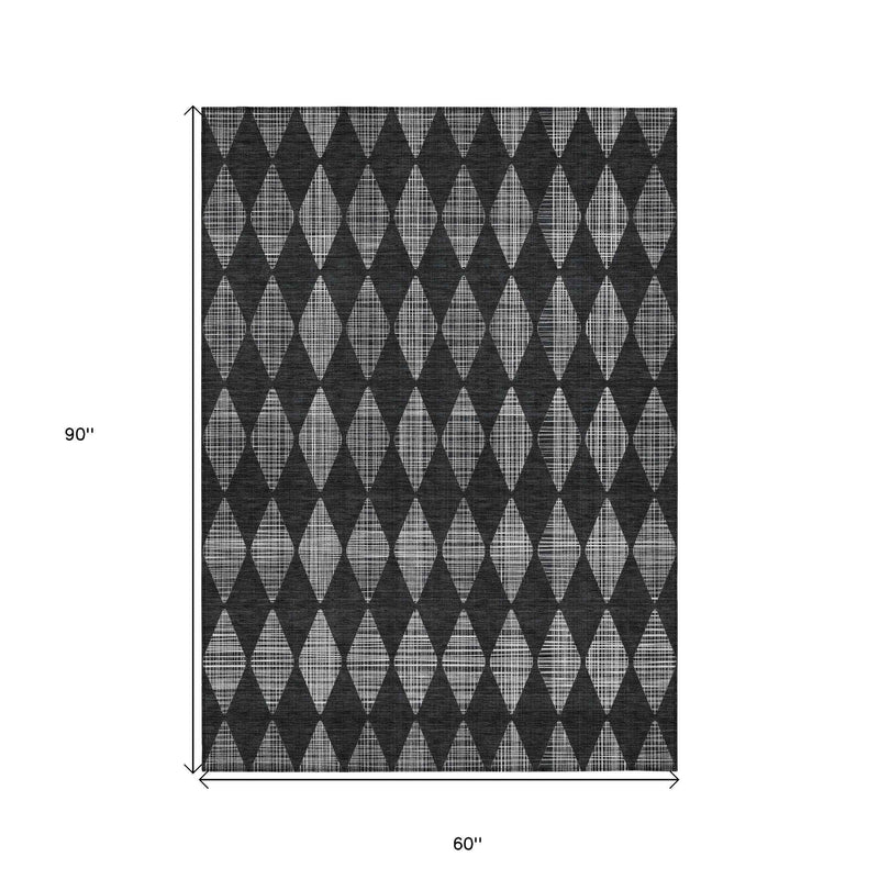 5' X 8' Charcoal Geometric Washable Indoor Outdoor Area Rug