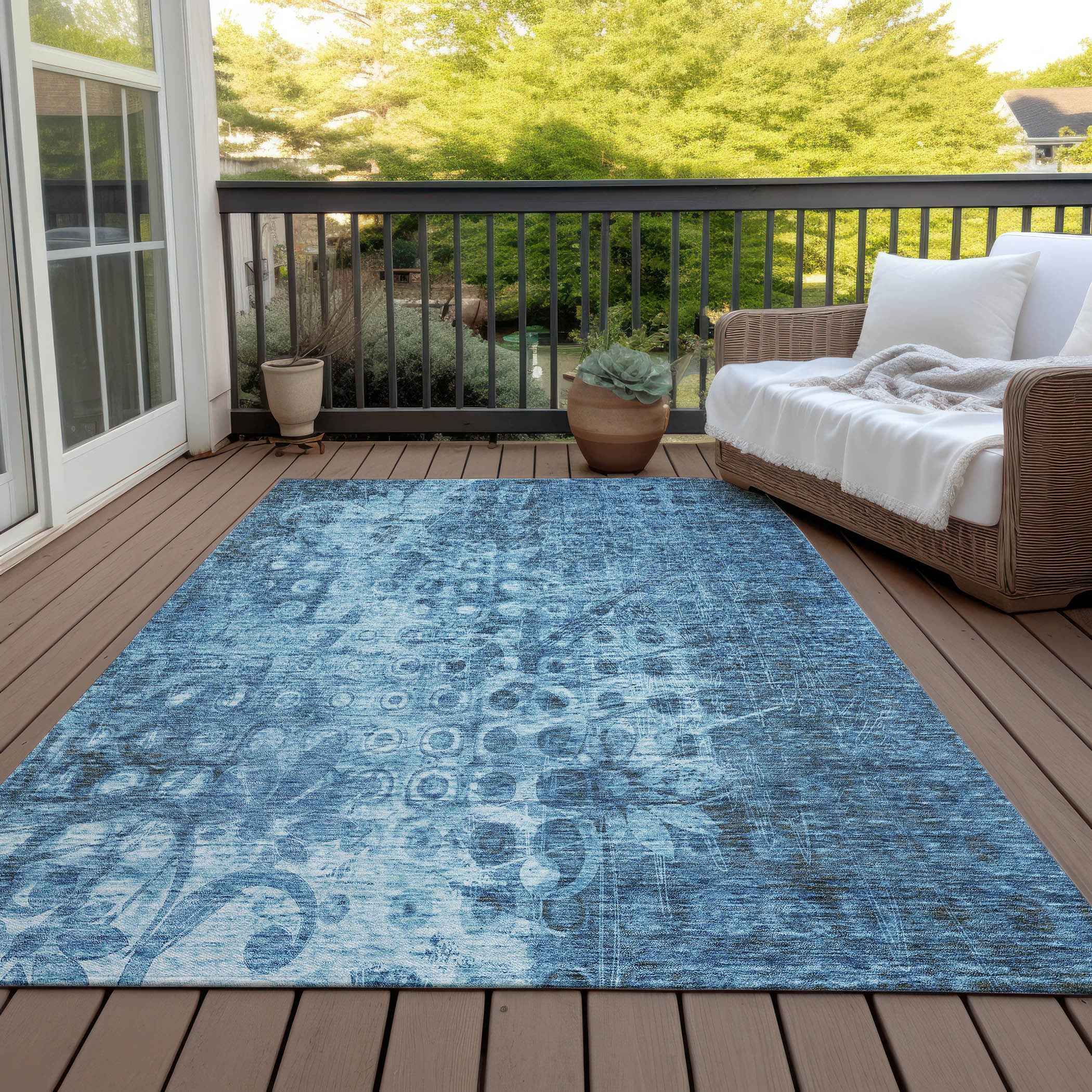 8' X 10' Blue Ikat Washable Indoor Outdoor Area Rug