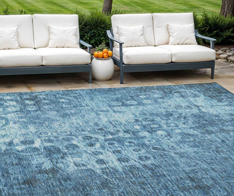8' X 10' Blue Ikat Washable Indoor Outdoor Area Rug