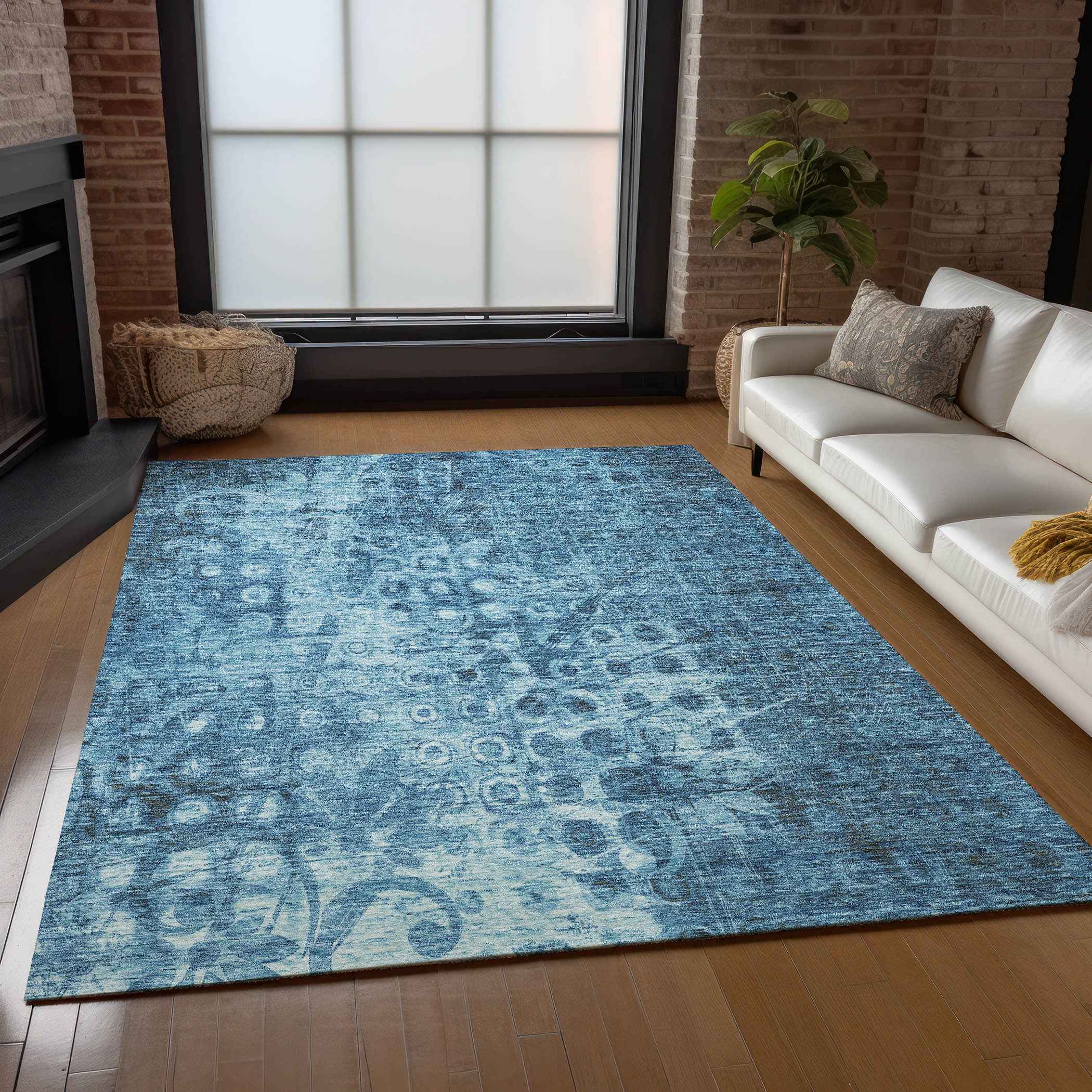 8' X 10' Blue Ikat Washable Indoor Outdoor Area Rug