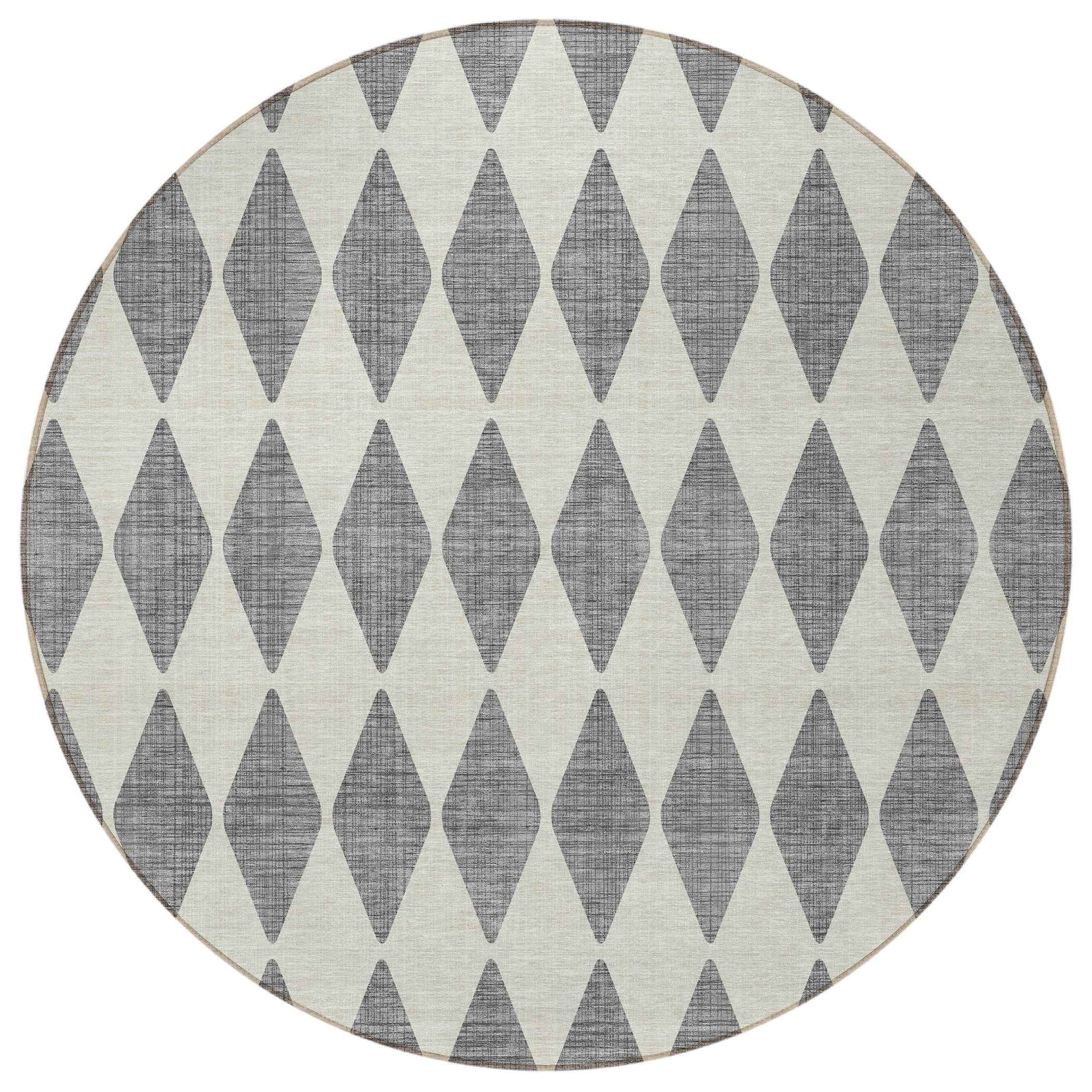 8' Gray And Ivory Round Geometric Washable Indoor Outdoor Area Rug