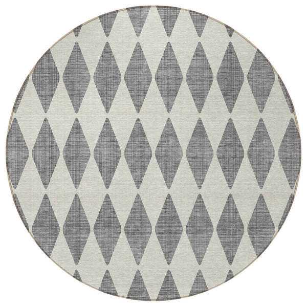 8' Gray And Ivory Round Geometric Washable Indoor Outdoor Area Rug